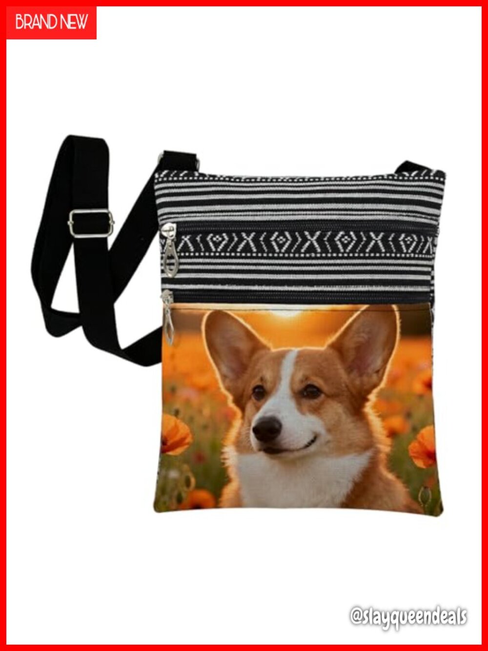 Corgi Flower Field Crossbody Bag Pet Lover Gift Adjustable Strap Outdoor Travel